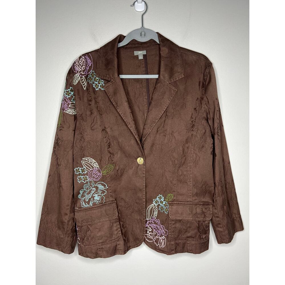 J.Jill Brown Jacquard Cotton Blazer Floral Embroidered Women's Large Boho Arty